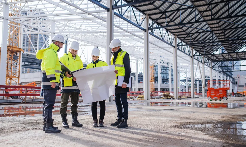 Four construction workers reviewing blueprints at a construction site