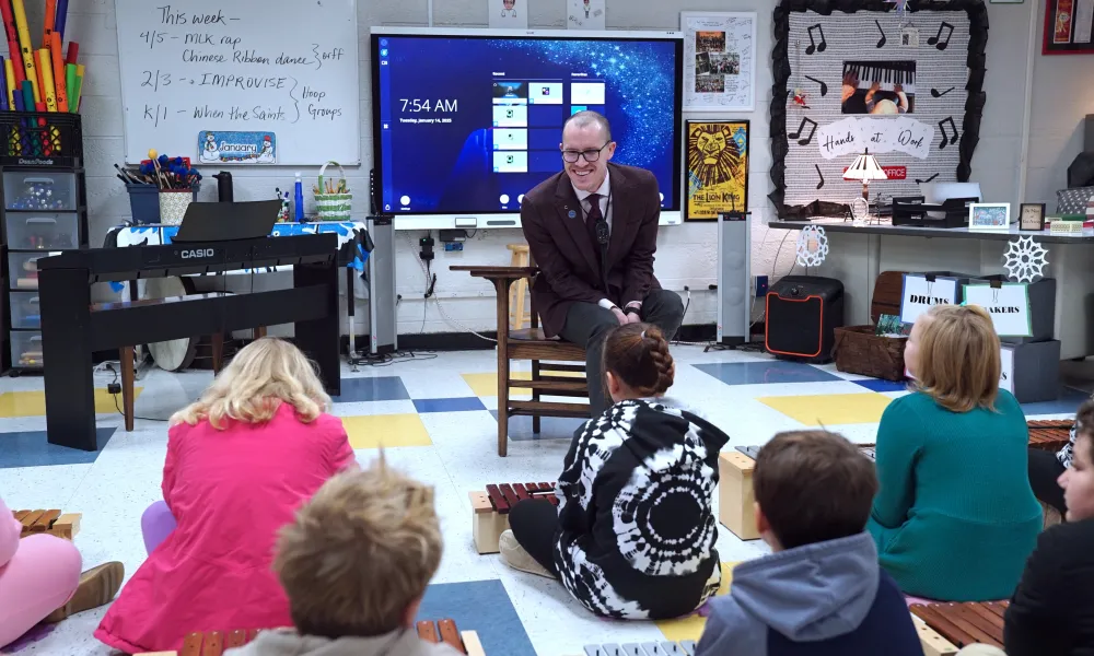 Teacher sitting on a chair in front of students in a classroom.