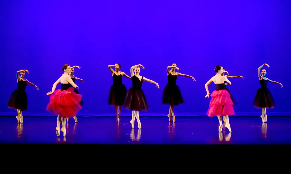 Students performing a performative dance routine on stage