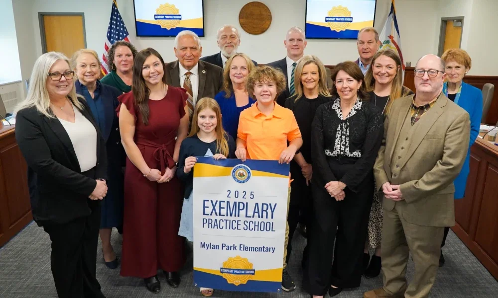 West Virginia Board of Education members posing with representatives from Mylan Park Elementary School. 2025 Exemplary Practice School Mylan Park Elementary.