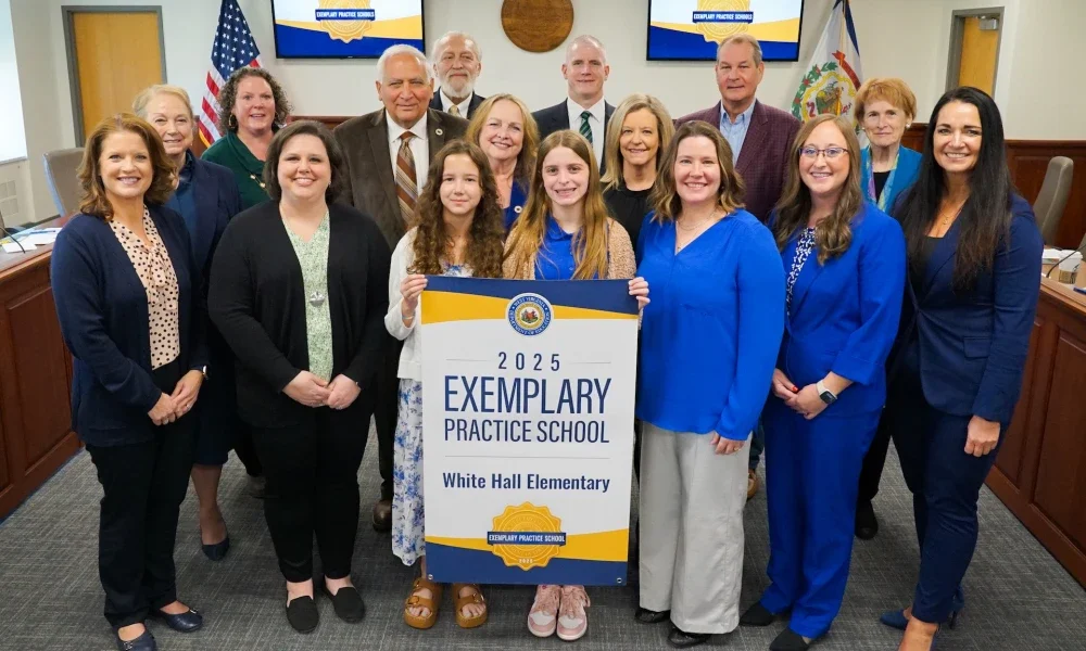 West Virginia Board of Education members and White Hall Elementary representatives pose for a photo. 2025 Exemplary Practice School White Hall Elementary.