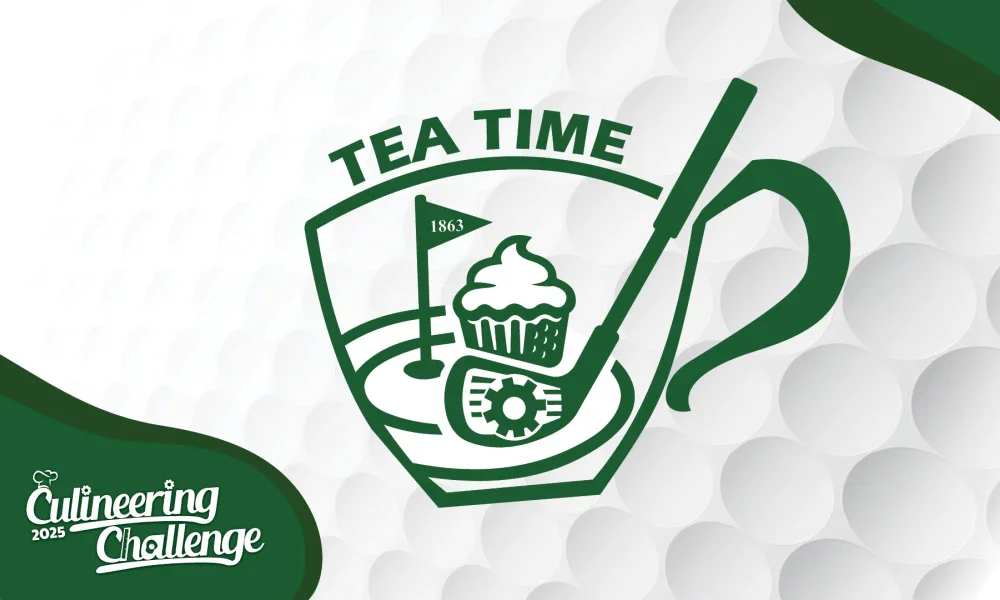 Tea Time Culineering Challenge. A cupcake, flag, and golf club are inside of a coffee mug.