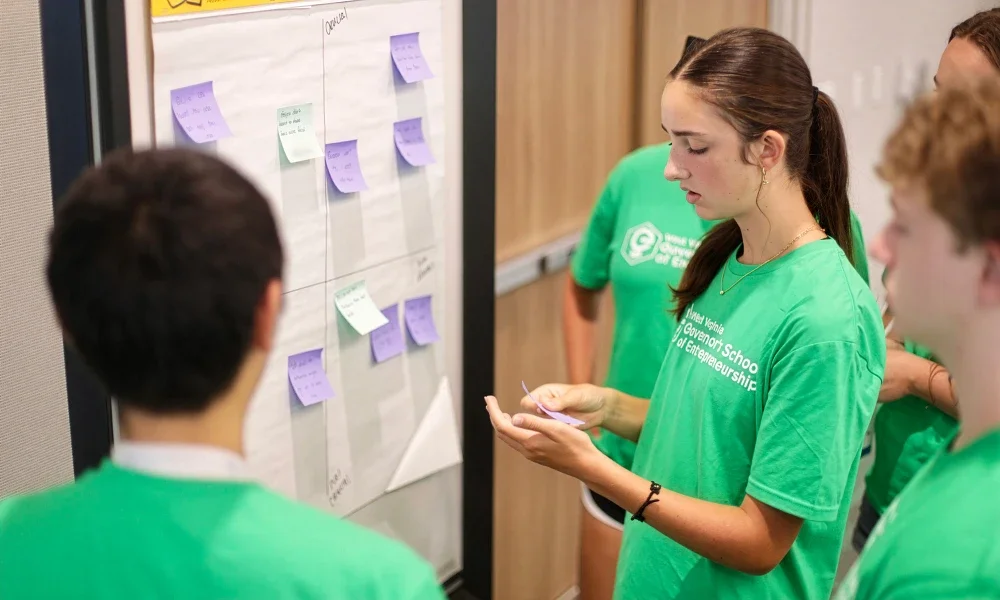 Students brainstorming ideas for a project by placing sticky notes on a chart.