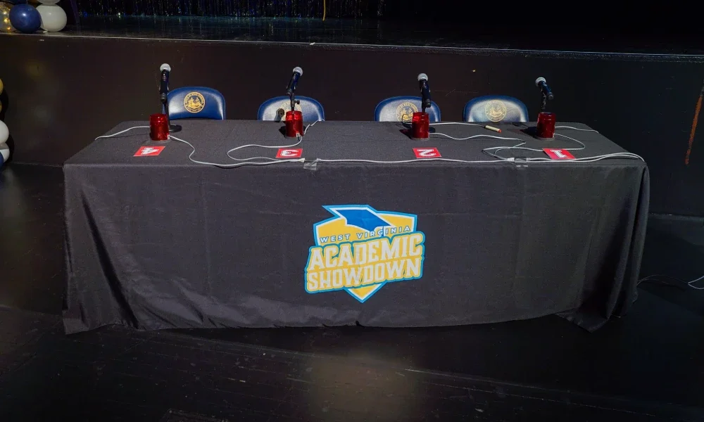 A table with buzzer sitting on top of an Academic Showdown table cloth.