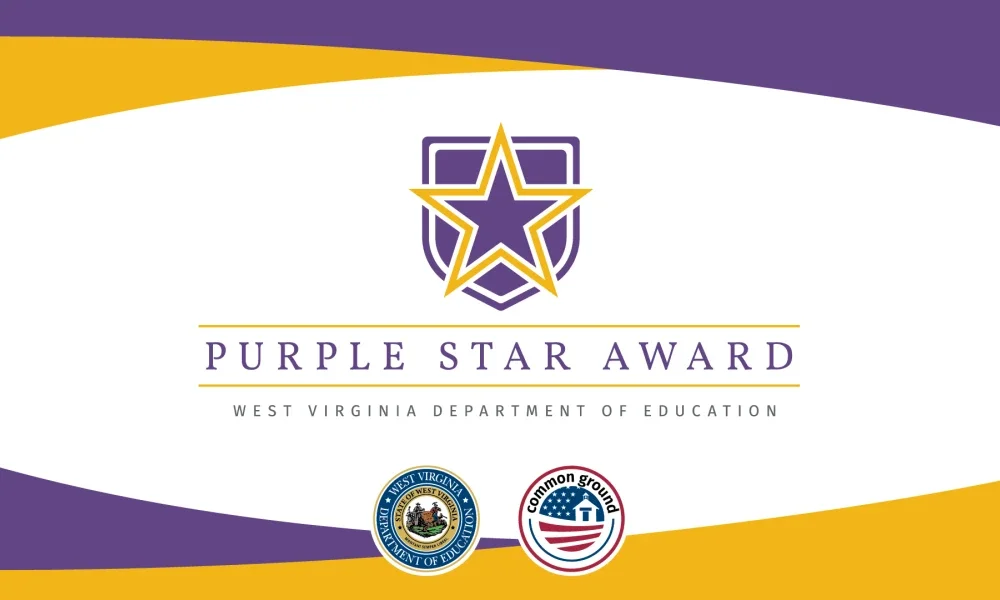 A graphic with the words "Purple Star Award West Virginia Department of Education" on it. 