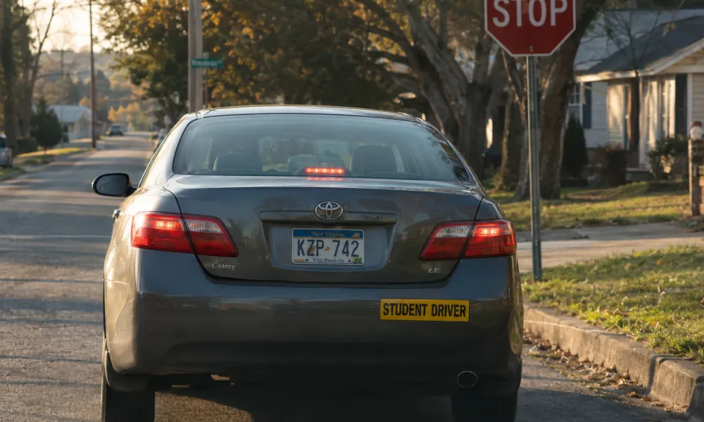 Student driver sedan stopped at residential stop sign.