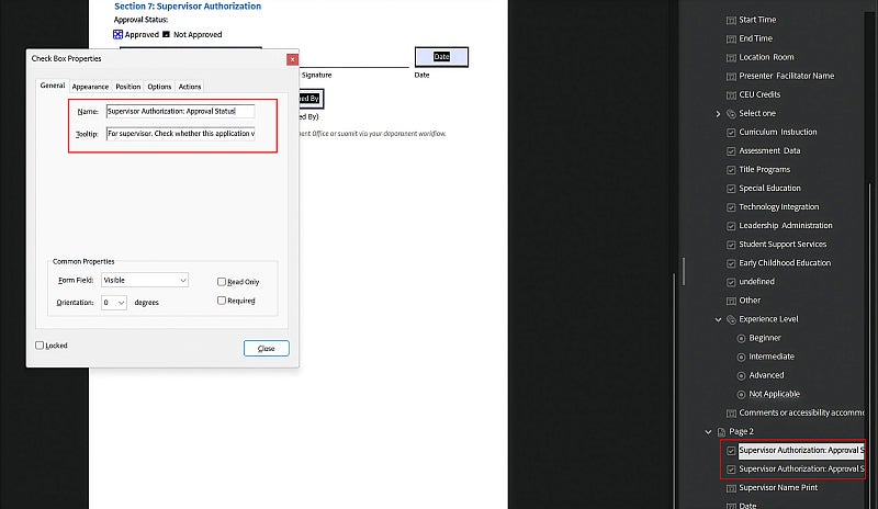 Screenshot: Adobe Acrobat grouped checkbox settings