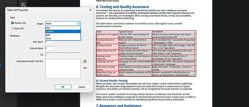 Screenshot: Table Cell Properties dialog showing Header Cell and Scope options
