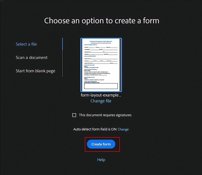 Screenshot: Adobe acrobat create a form options