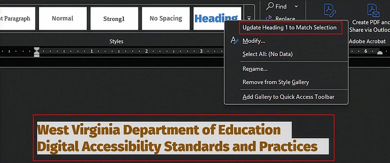 Screenshot of updating a style in Word based on selected text in a document