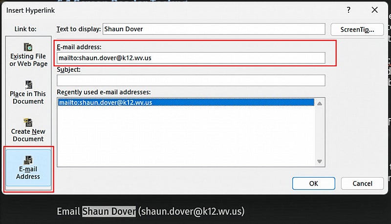 Screenshot: Hyperlink dialog in Word showing E-mail Address selected with email address and subject fields