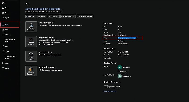 Screenshot: Word File, Info panel with Title field highlighted in the Properties section