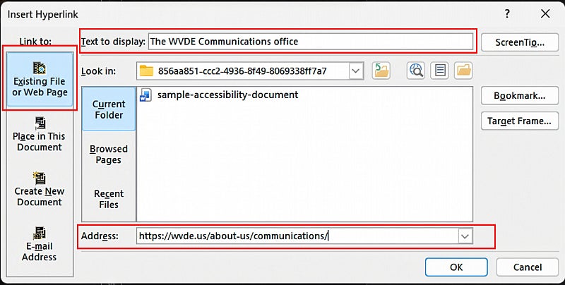 Screenshot: Insert Hyperink modal window in Word, Web link selected