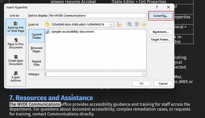 Screenshot: Word Edit Hyperlink dialog with ScreenTip button highlighted