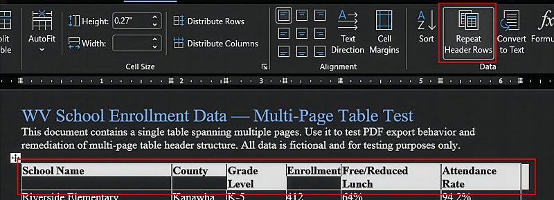 Screenshot: Word Table Properties dialog, Row tab, "Repeat as header row" checkbox