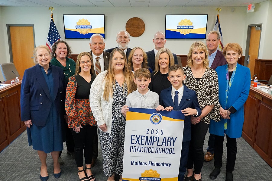 West Virginia Board of Education members and Mullens Elementary representatives pose for a photo. 2025 Exemplary Practice School Mullens Elementary.