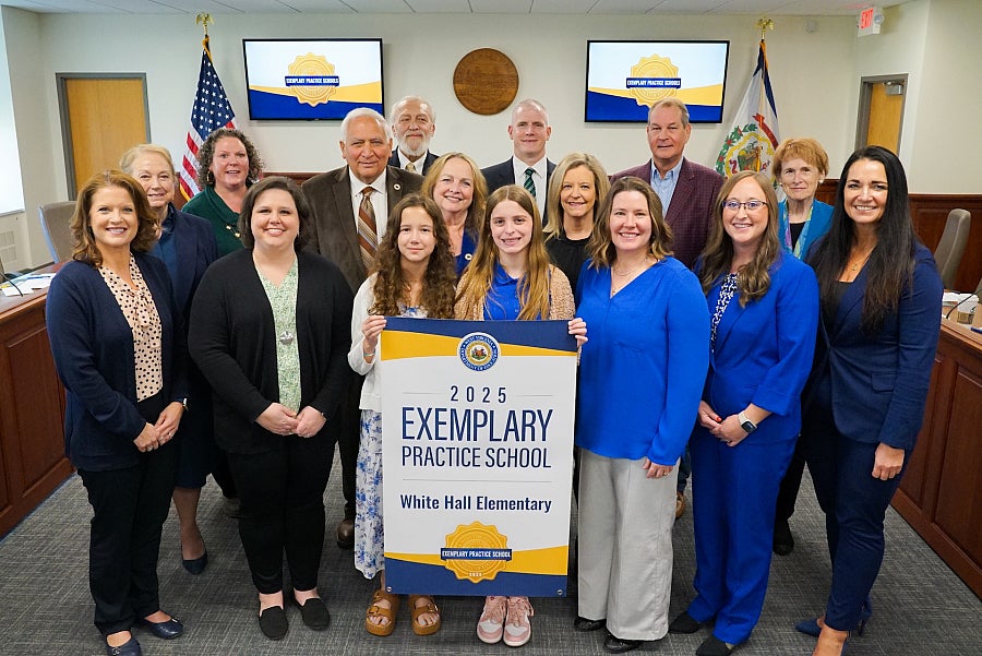 West Virginia Board of Education members and White Hall Elementary representatives pose for a photo. 2025 Exemplary Practice School White Hall Elementary.