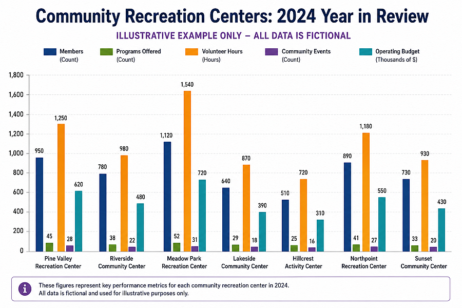 Bar chart showing five performance metrics for seven community recreation centers in 2024. See data table below.