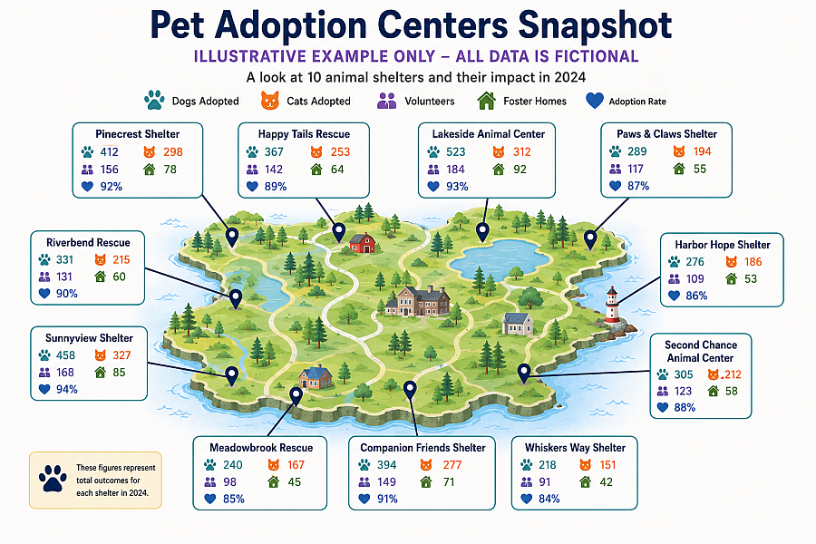 Illustrated map showing fictional 2024 adoption data for 10 pet adoption centers. See description below for more information