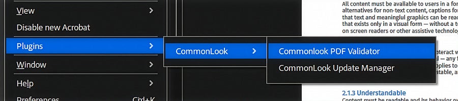 Screenshot: Acrobat Plugins menu showing CommonLook PDF Validator option