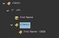 Screenshot: Form tag properly nested within a parent element in Adobe Tag Tree