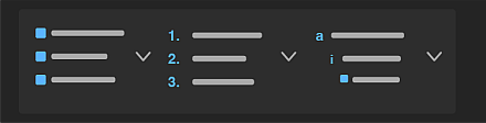 Example of the three list style buttons available on the Word home ribbon. Left to right unordered list, unordered list, and outline.