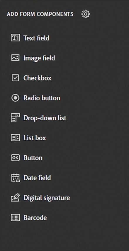 Screenshot of the add form field toolbar in Adobe Acrobat Pro