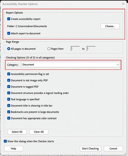 Screenshot: Adobe Accessibility checker settings modal.  See following text for more information