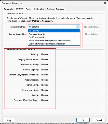 Screenshot: Acrobat Document Properties Security tab showing permission settings