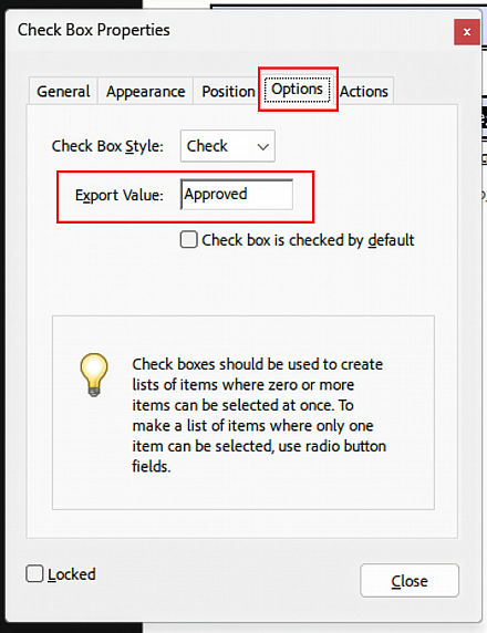 Screenshot: Checkbox options highlighting the Export Value