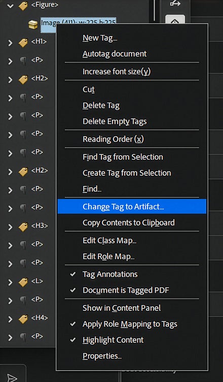 Screenshot: Right-click menu on an image showing Create Artifact option