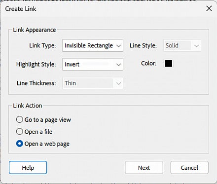 Screenshot: Adobe Create Link dialog window