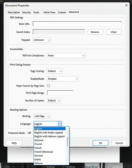 [Screenshot: Document Properties Advanced tab showing Language field