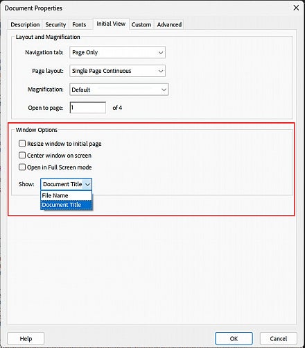 Screenshot: Adobe Acrobat Document settings modal with Initial view selected.  See page content for more info.