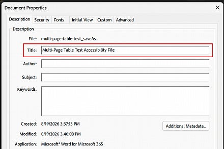 Screenshot: Document Properties dialog showing Description tab with Title field