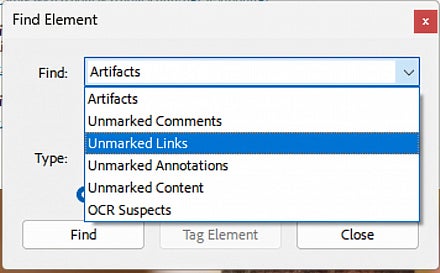 Screenshot: Adobe Find dialog box with Unmarked Links chosen