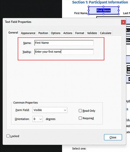 Screenshot:  Form field properties General tab showing Name and Tooltip fields
