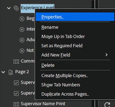 Screenshot: Adobe Acrobat right click menu on checkbox item with Properties selected