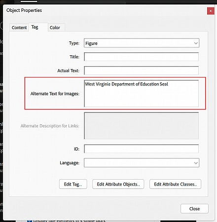 Screenshot: Edit Alt Text dialog in Acrobat with alt text field