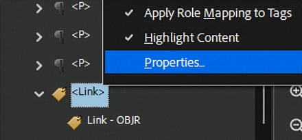 Screenshot: Tags panel showing link tag selected with right-click Properties option visible