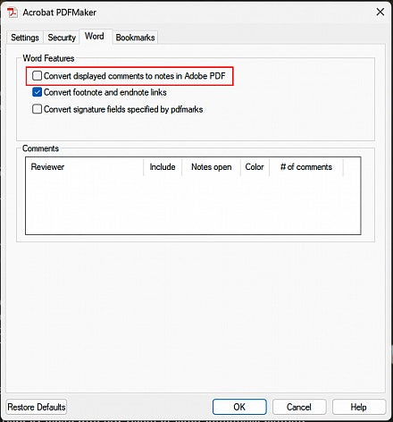 Screenshot: PDFMaker settings Word tab showing Convert displayed comments to notes checkbox unchecked