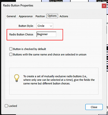 Screenshot: Adobe Acrobat radio button options settings, button choice value highlighted