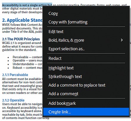 Screenshot: Adobe Acrobat right click on selected text with Create link selected