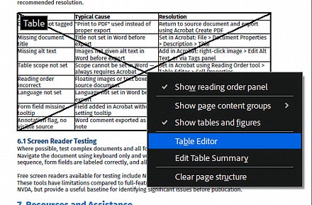 Screenshot: Reading Order panel showing Table Editor button with a table selected