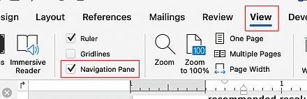 Screenshot from Word on Mac, view ribbon, navigation pane selected
