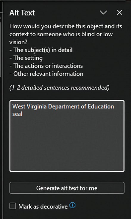 Screenshot: Word Edit Alt Text pane with example alt text entered