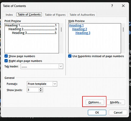 Screenshot: Word Custom Table of Contents Options dialog showing TOC Level boxes