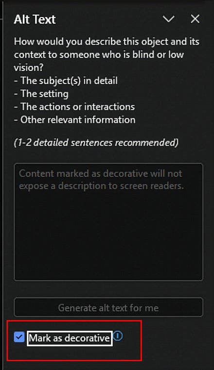 Screenshot: Edit Alt Text pane with "Mark as decorative" checkbox checked