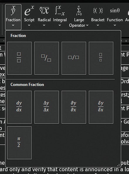 Screenshot: Word equation, fractions available fraction types