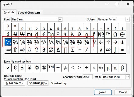 Screenshot: Word Insert, Symbol, More Symbols dialog with fraction characters visible